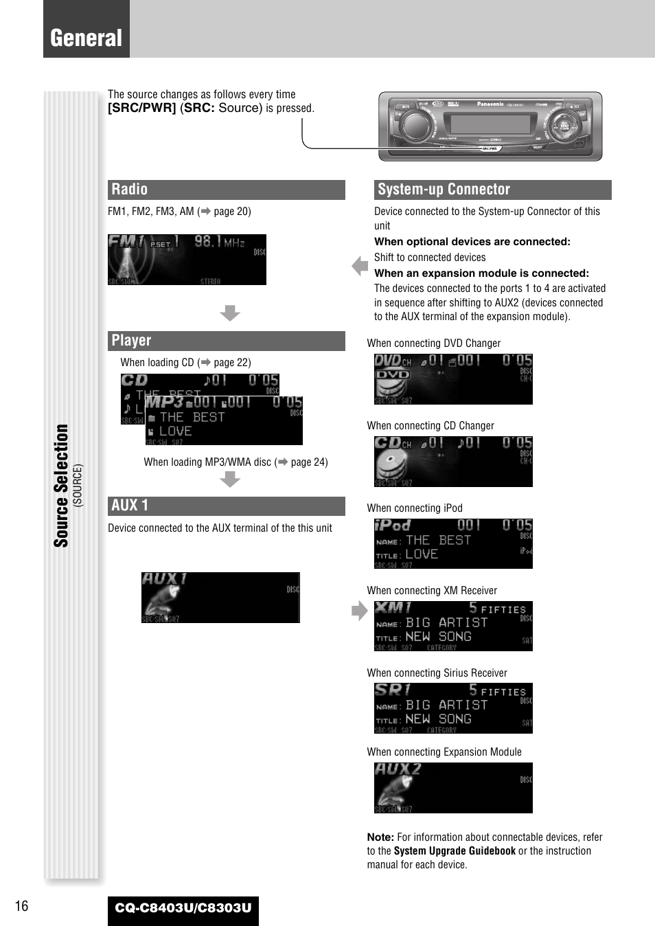 General, Source selection, Radio | Player, Aux 1, System-up connector | Panasonic CQ-C8403U User Manual | Page 16 / 114
