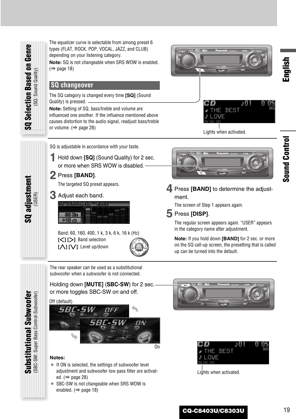 English, Sound control, Sq selection based on genre | Sq adjustment, Substitutional subwoofer | Panasonic CQ-C8403U User Manual | Page 19 / 114