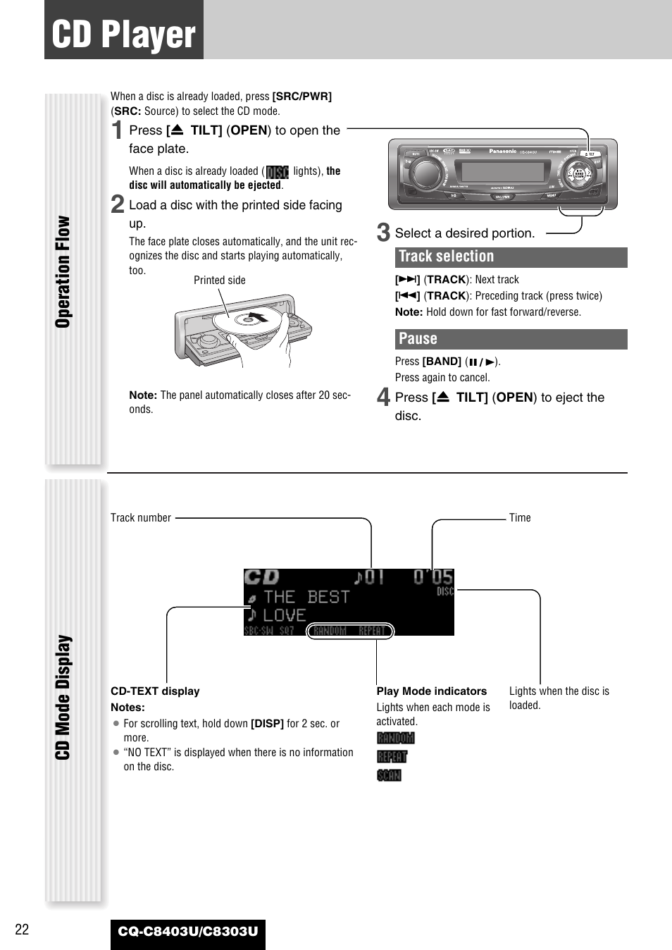 Cd player, Operation flow cd mode display | Panasonic CQ-C8403U User Manual | Page 22 / 114