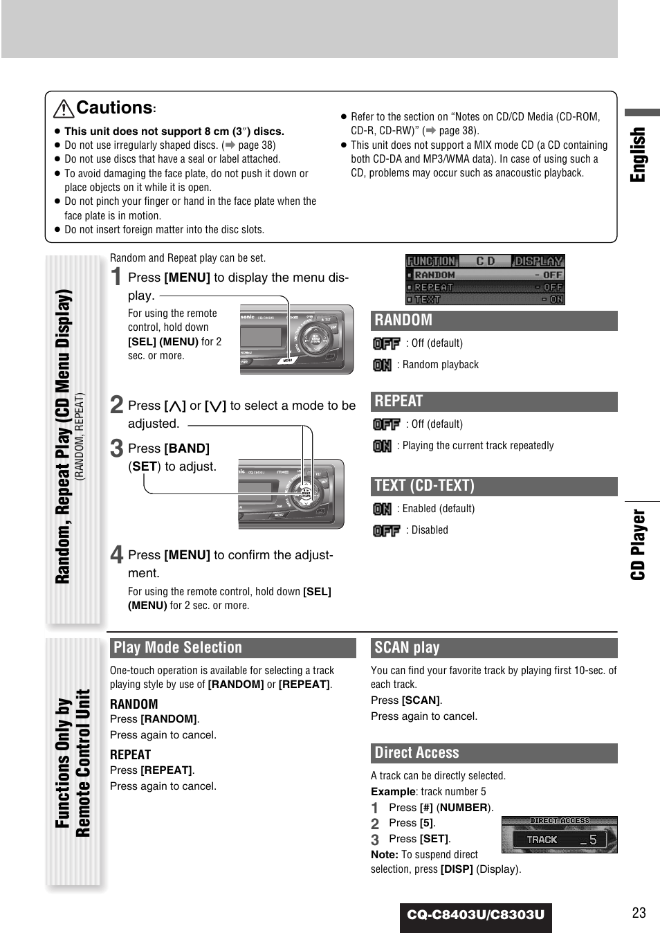English, Cd player cautions, Random | Repeat, Text (cd-text), Play mode selection, Scan play, Direct access | Panasonic CQ-C8403U User Manual | Page 23 / 114