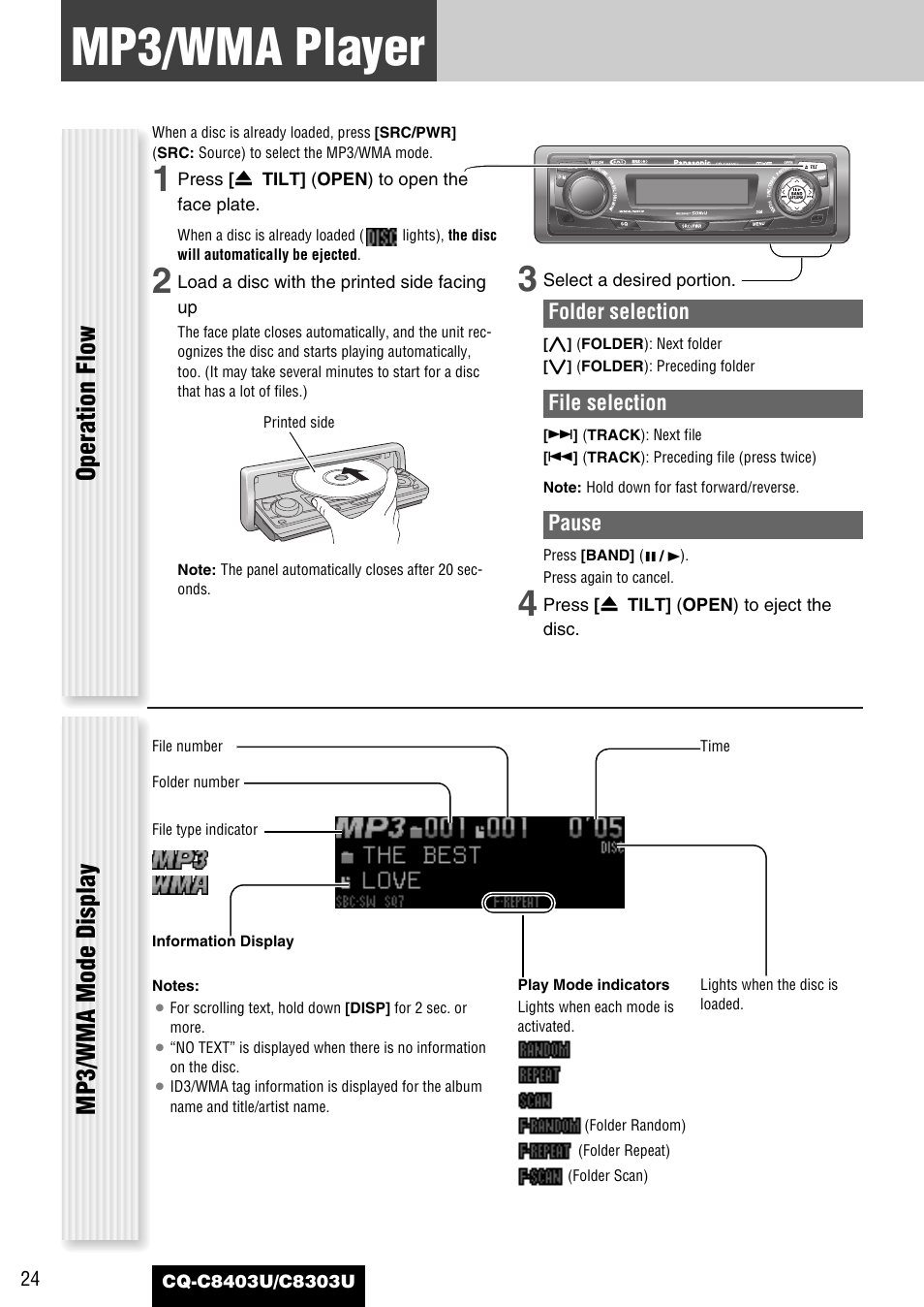 Mp3/wma player, Operation flow, Mp3/wma mode display | Panasonic CQ-C8403U User Manual | Page 24 / 114
