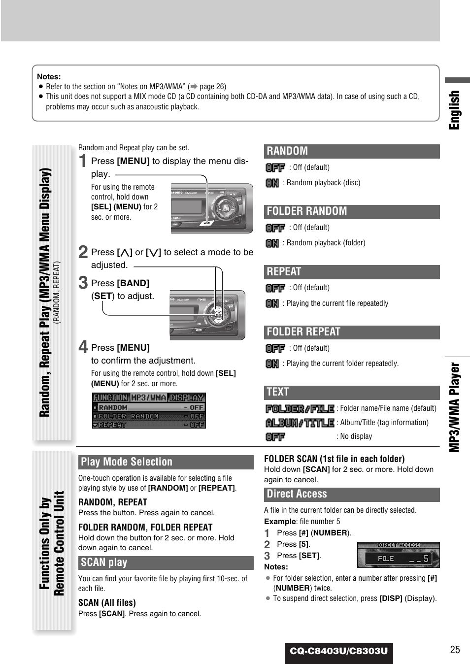 English, Mp3/wma player, Random, repeat play (mp3/wma menu display) | Functions only by remote control unit, Random, Folder random, Repeat, Folder repeat, Text, Play mode selection | Panasonic CQ-C8403U User Manual | Page 25 / 114