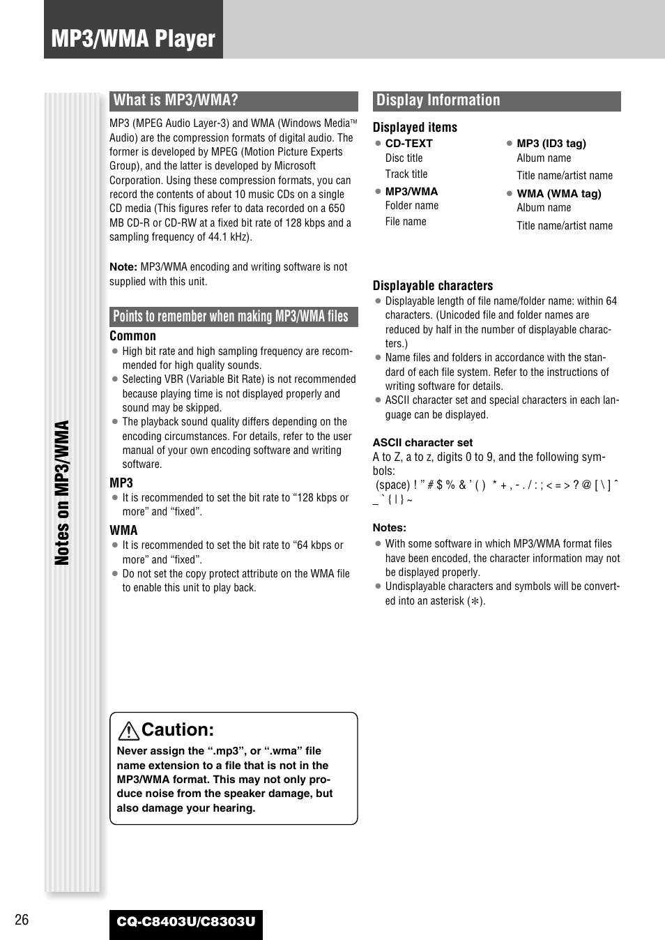 Mp3/wma player, Caution, What is mp3/wma | Points to remember when making mp3/wma files, Display information | Panasonic CQ-C8403U User Manual | Page 26 / 114
