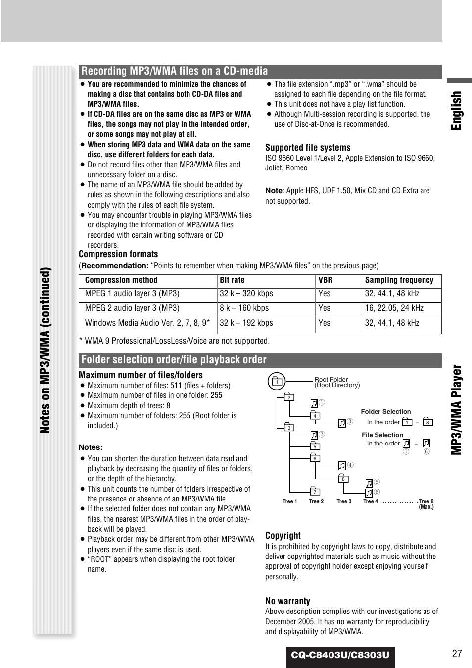 English, Mp3/wma player, Recording mp3/wma files on a cd-media | Folder selection order/file playback order | Panasonic CQ-C8403U User Manual | Page 27 / 114