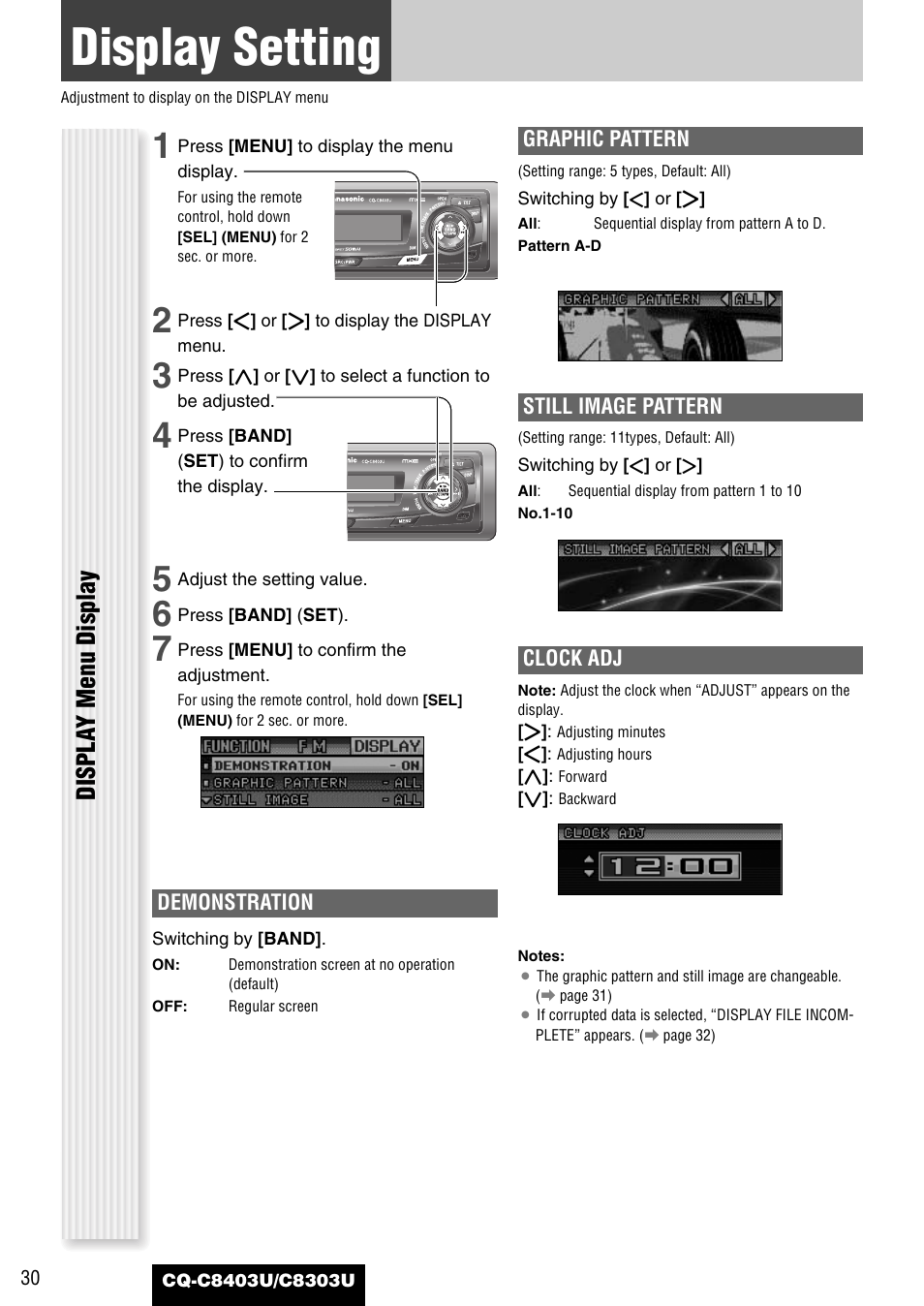 Display setting, Displa y menu display | Panasonic CQ-C8403U User Manual | Page 30 / 114