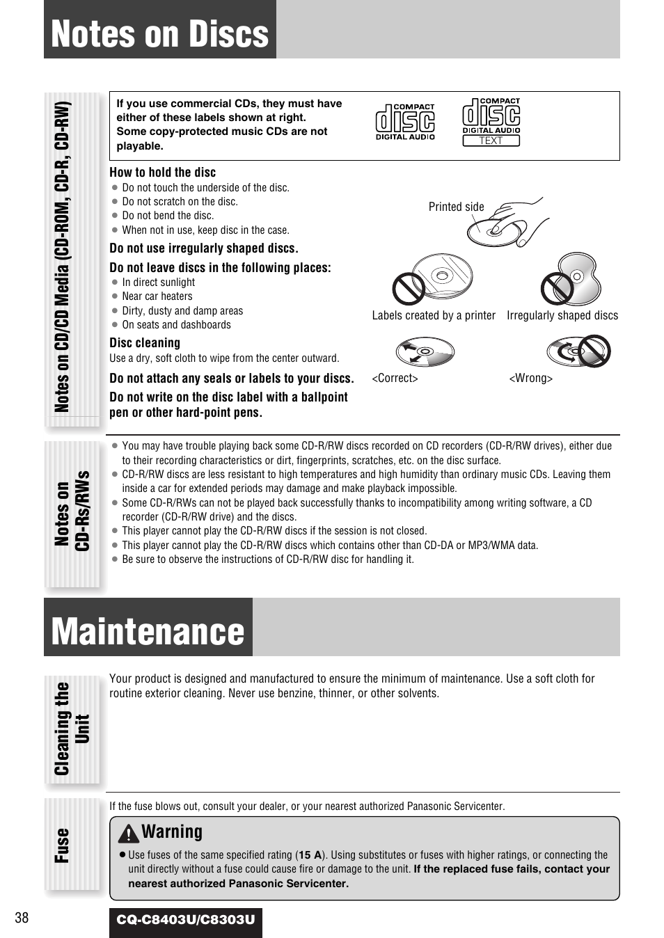 Notes on discs, Maintenance, Cleaning the unit fuse | Warning | Panasonic CQ-C8403U User Manual | Page 38 / 114