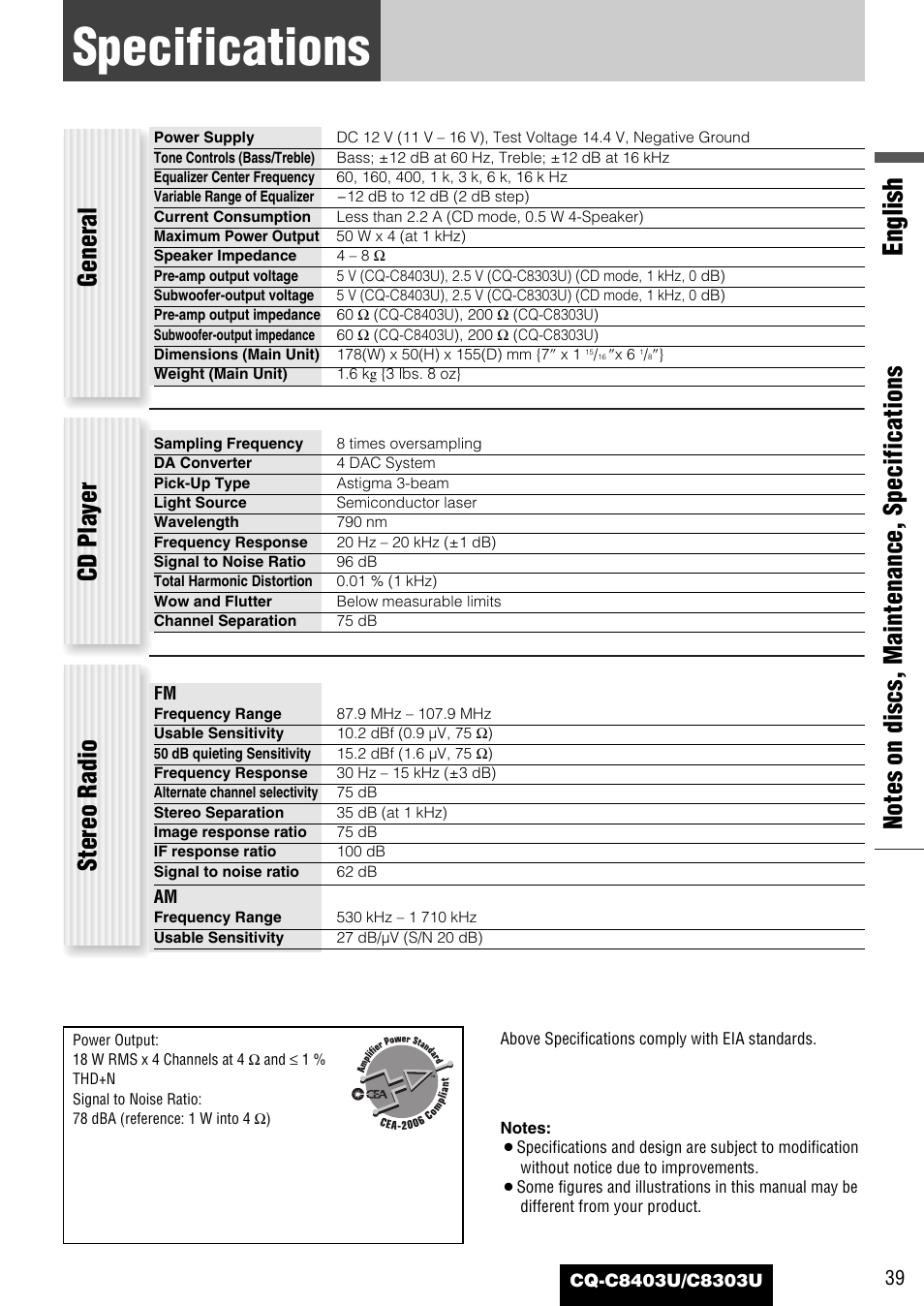 Specifications, English, General cd player stereo radio | Panasonic CQ-C8403U User Manual | Page 39 / 114