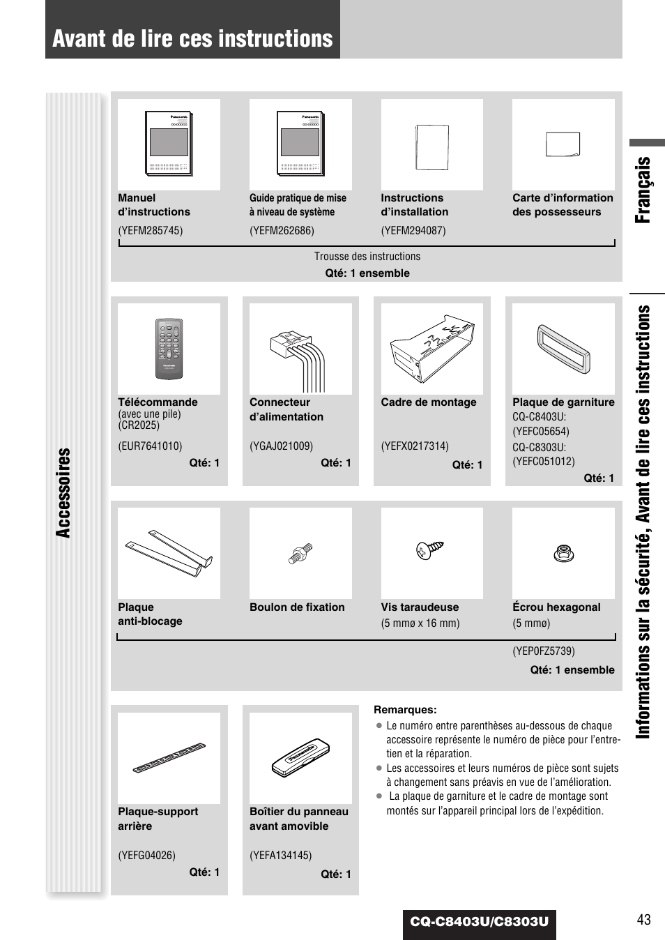 Avant de lire ces instructions, Français | Panasonic CQ-C8403U User Manual | Page 43 / 114