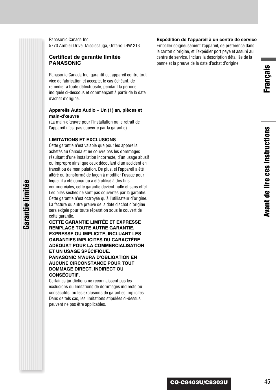 Français, Avant de lire ces instructions garantie limitée | Panasonic CQ-C8403U User Manual | Page 45 / 114