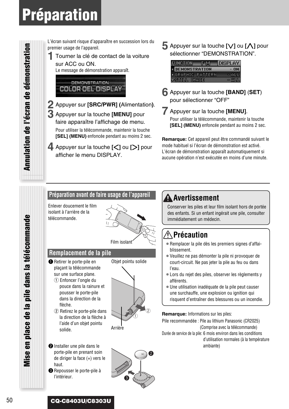 Preparation (reglage de l'horloge, etc.), Préparation, Annulation de l’écran de démonstration | Mise en place de la pile dans la télécommande, Avertissement, Précaution | Panasonic CQ-C8403U User Manual | Page 50 / 114