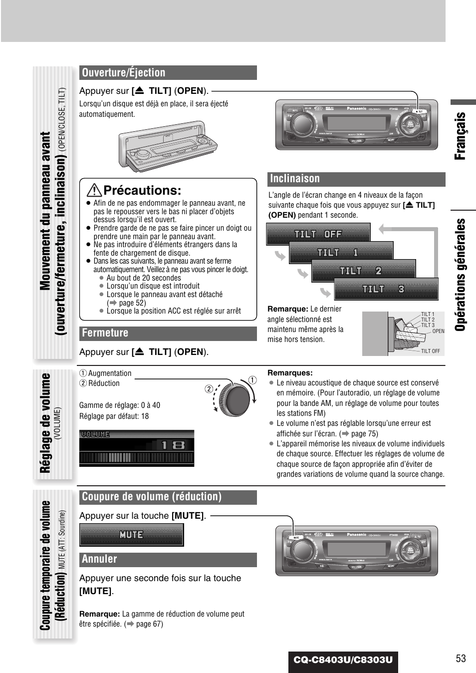 Français, Réglage de volume, Coupure temporaire de volume (réduction) | Précautions, Opérations générales, Ouverture/éjection, Fermeture, Inclinaison, Coupure de volume (réduction), Annuler | Panasonic CQ-C8403U User Manual | Page 53 / 114