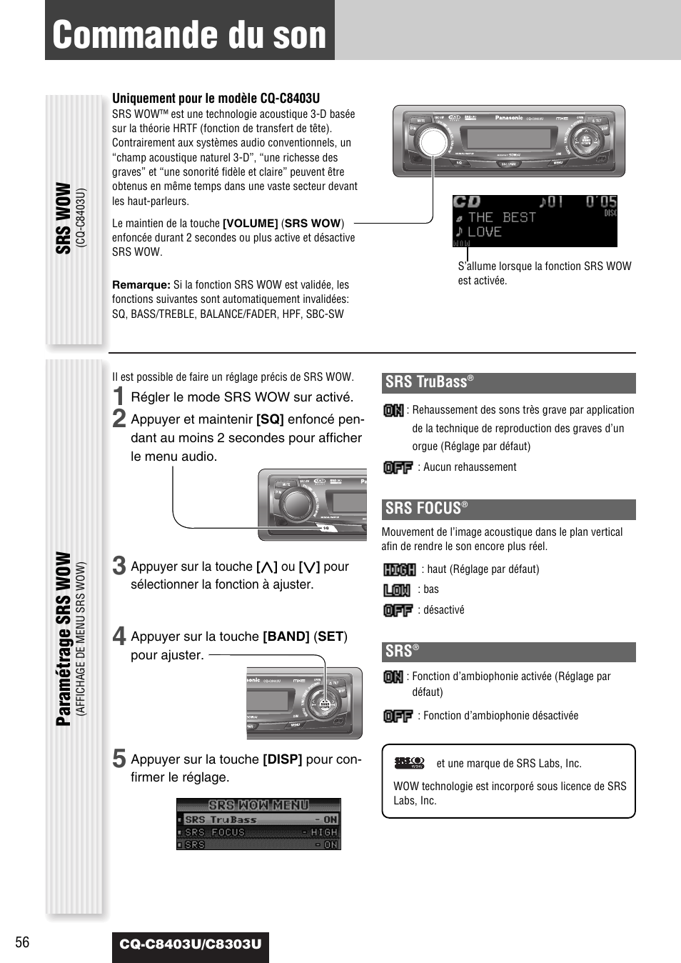 Commande du son, Srs wow, Paramétrage srs wow | Panasonic CQ-C8403U User Manual | Page 56 / 114