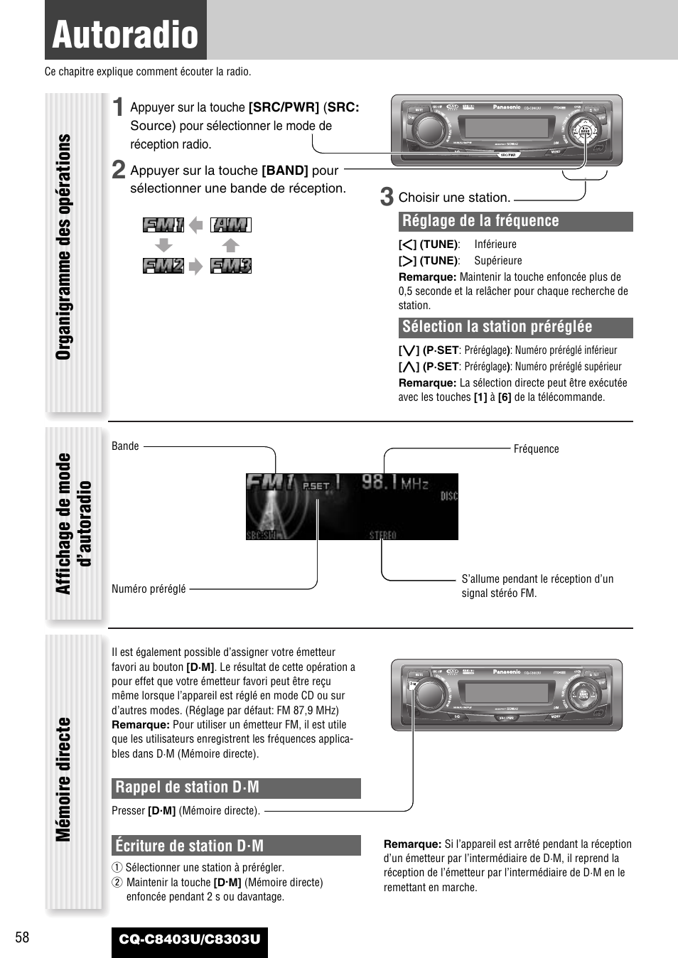 Chaque source, Autoradio, Mémoire directe | Panasonic CQ-C8403U User Manual | Page 58 / 114
