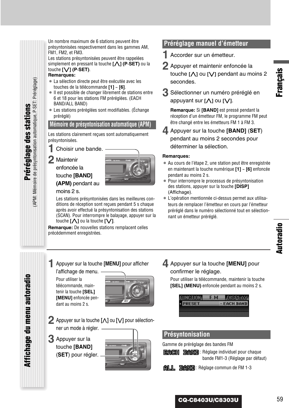 Français, Autoradio, Préréglage des stations | Affichage du menu autoradio | Panasonic CQ-C8403U User Manual | Page 59 / 114