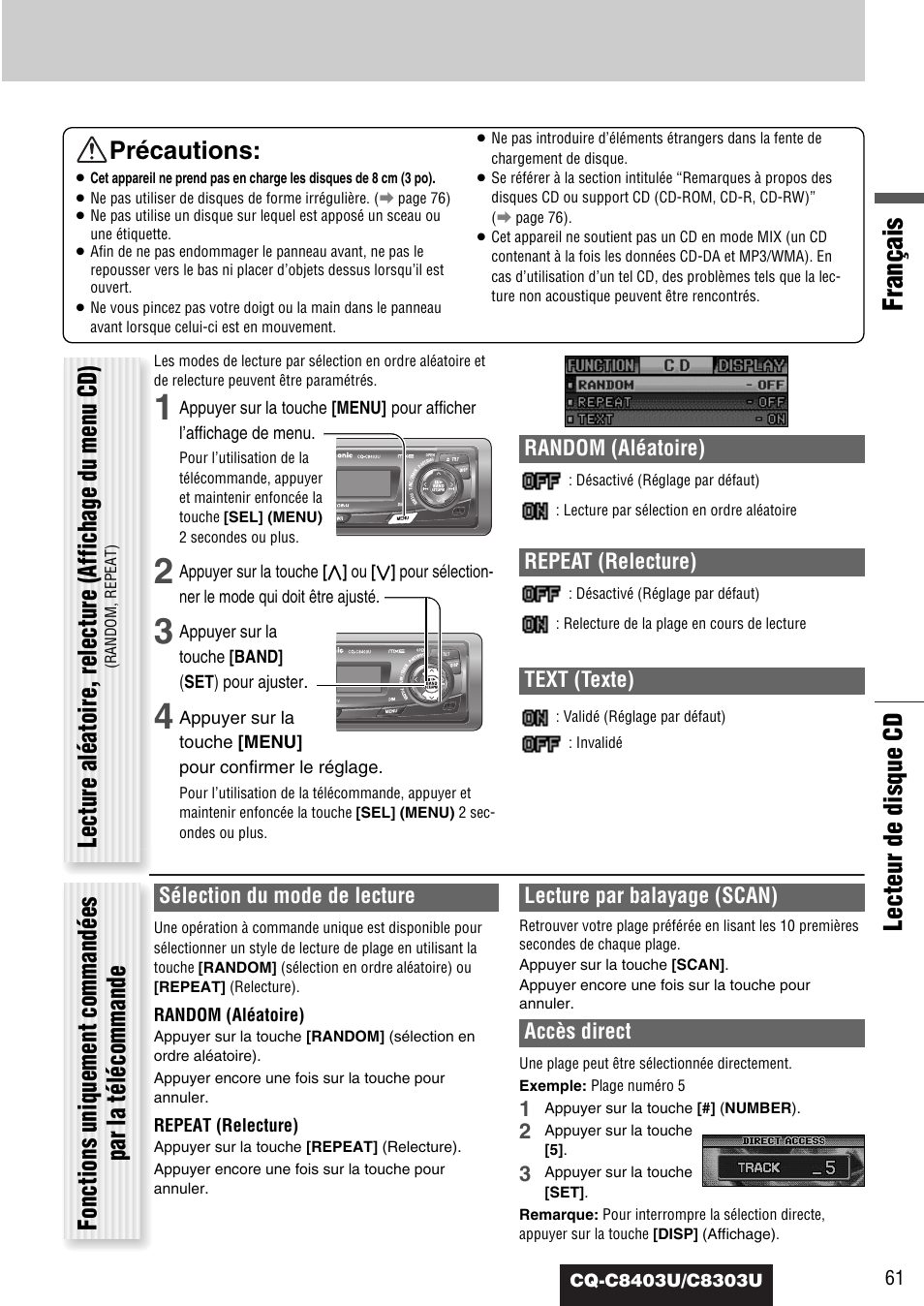 Français, Lecteur de disque cd précautions, Random (aléatoire) | Repeat (relecture), Text (texte), Sélection du mode de lecture, Lecture par balayage (scan), Accès direct | Panasonic CQ-C8403U User Manual | Page 61 / 114