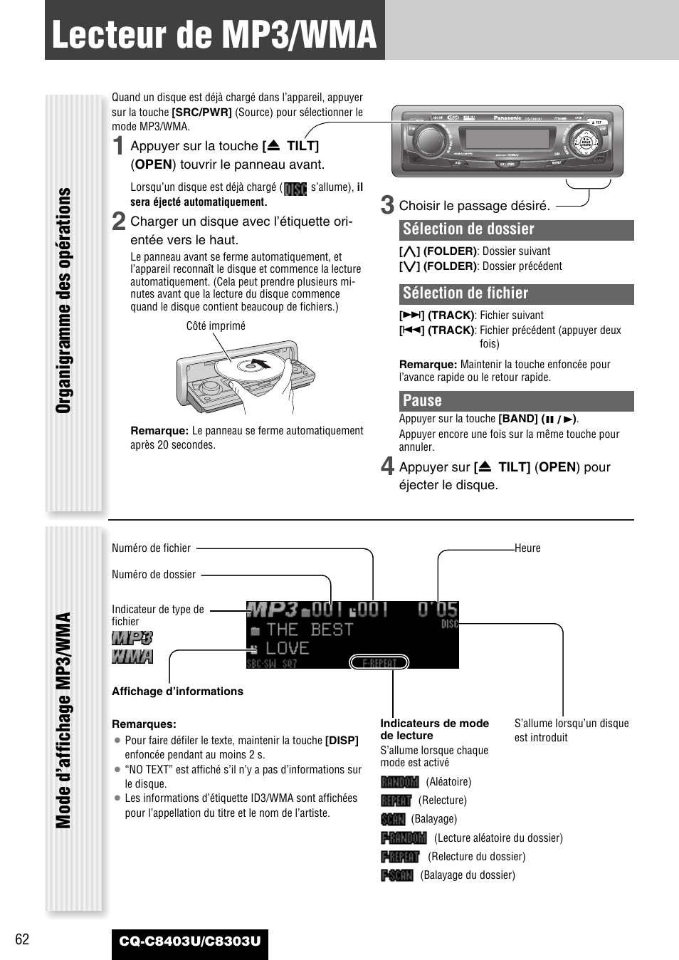 Lecteur de mp3/wma, Organigramme des opérations, Mode d’affichage mp3/wma | Panasonic CQ-C8403U User Manual | Page 62 / 114