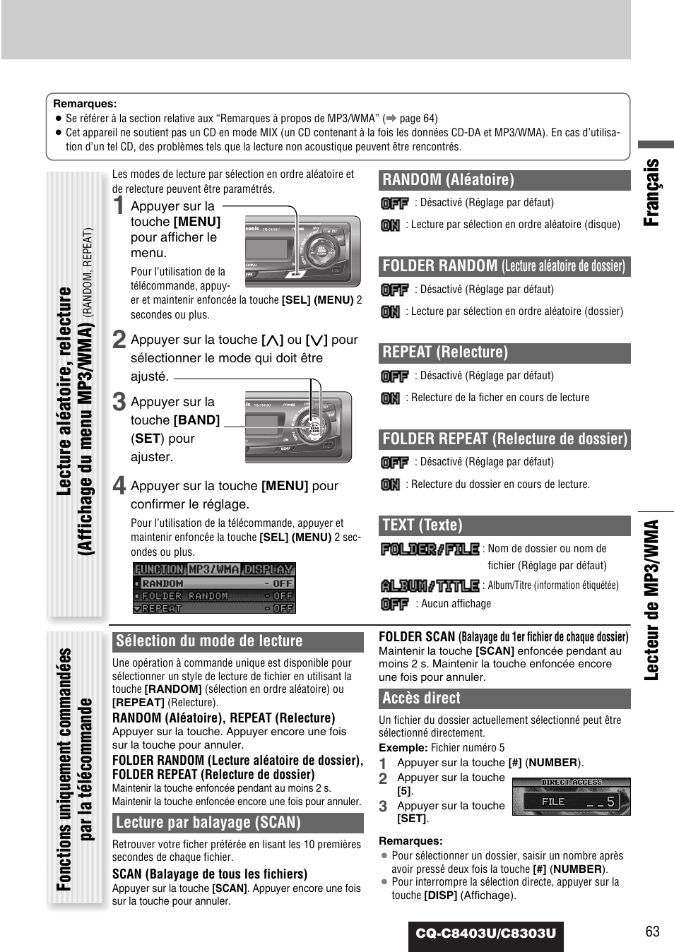 Français, Lecteur de mp3/wma | Panasonic CQ-C8403U User Manual | Page 63 / 114