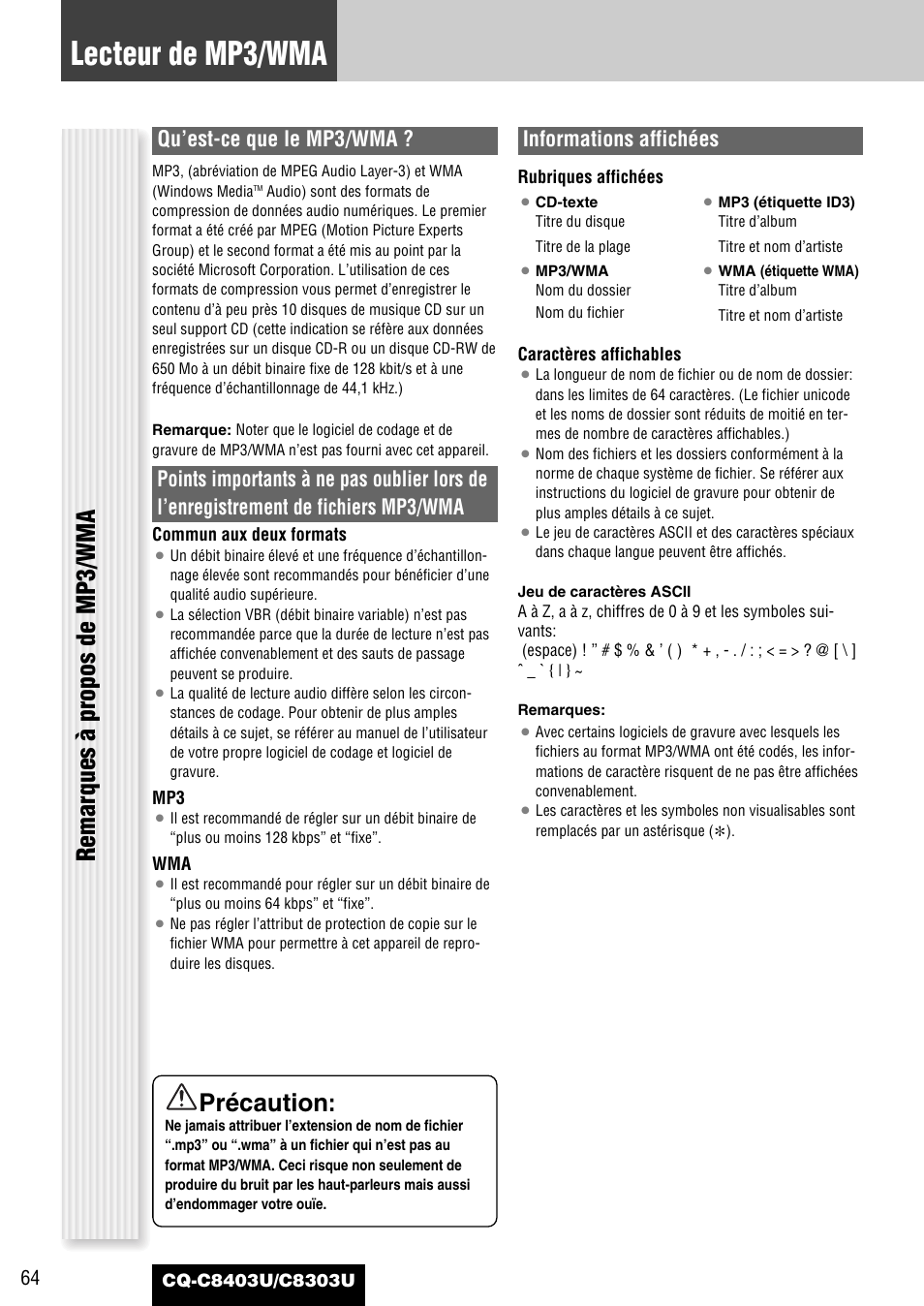 Lecteur de mp3/wma, Remarques à propos de mp3/wma, Précaution | Qu’est-ce que le mp3/wma, Informations affichées | Panasonic CQ-C8403U User Manual | Page 64 / 114