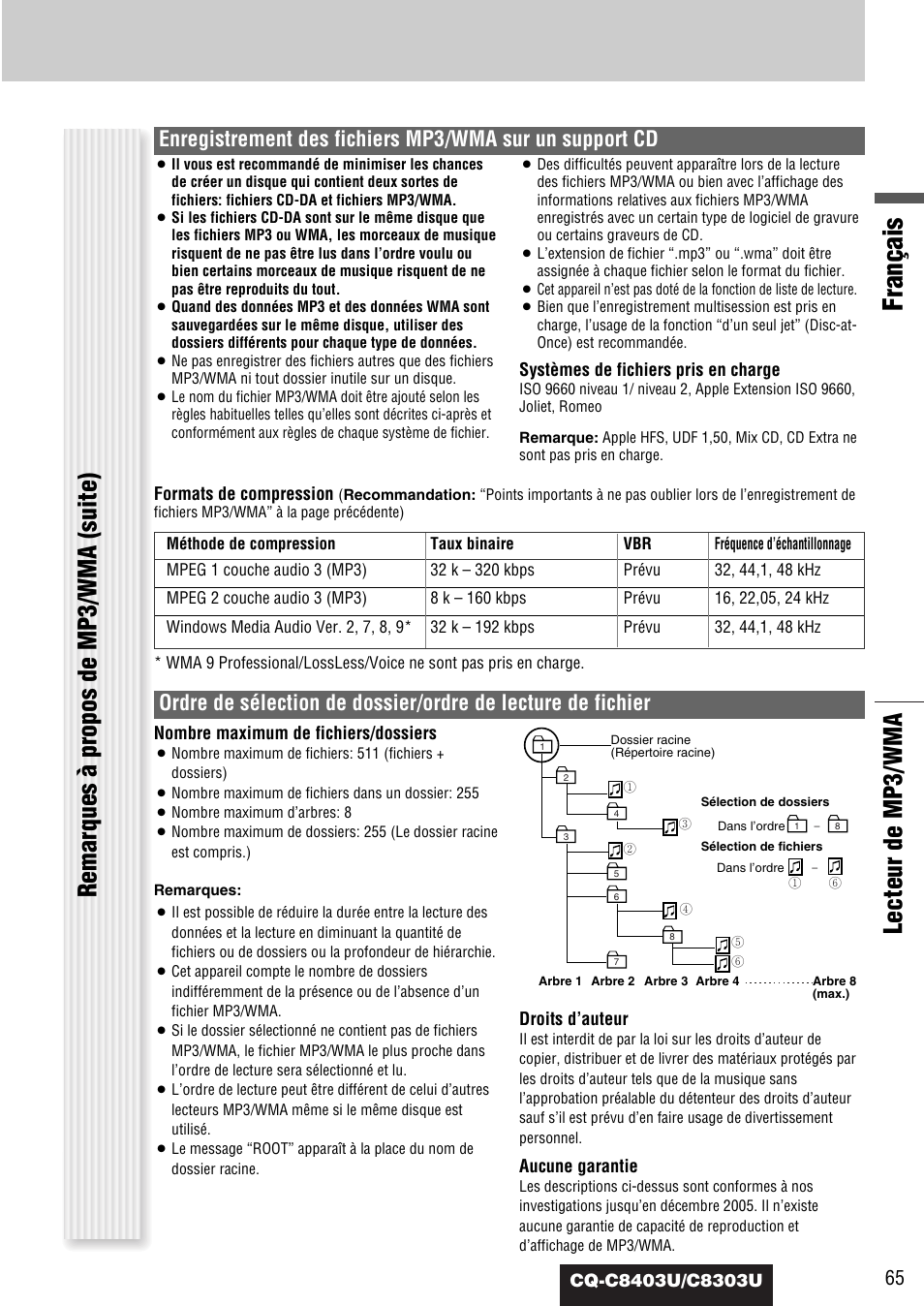 Français, Lecteur de mp3/wma, Remarques à propos de mp3/wma (suite) | Panasonic CQ-C8403U User Manual | Page 65 / 114