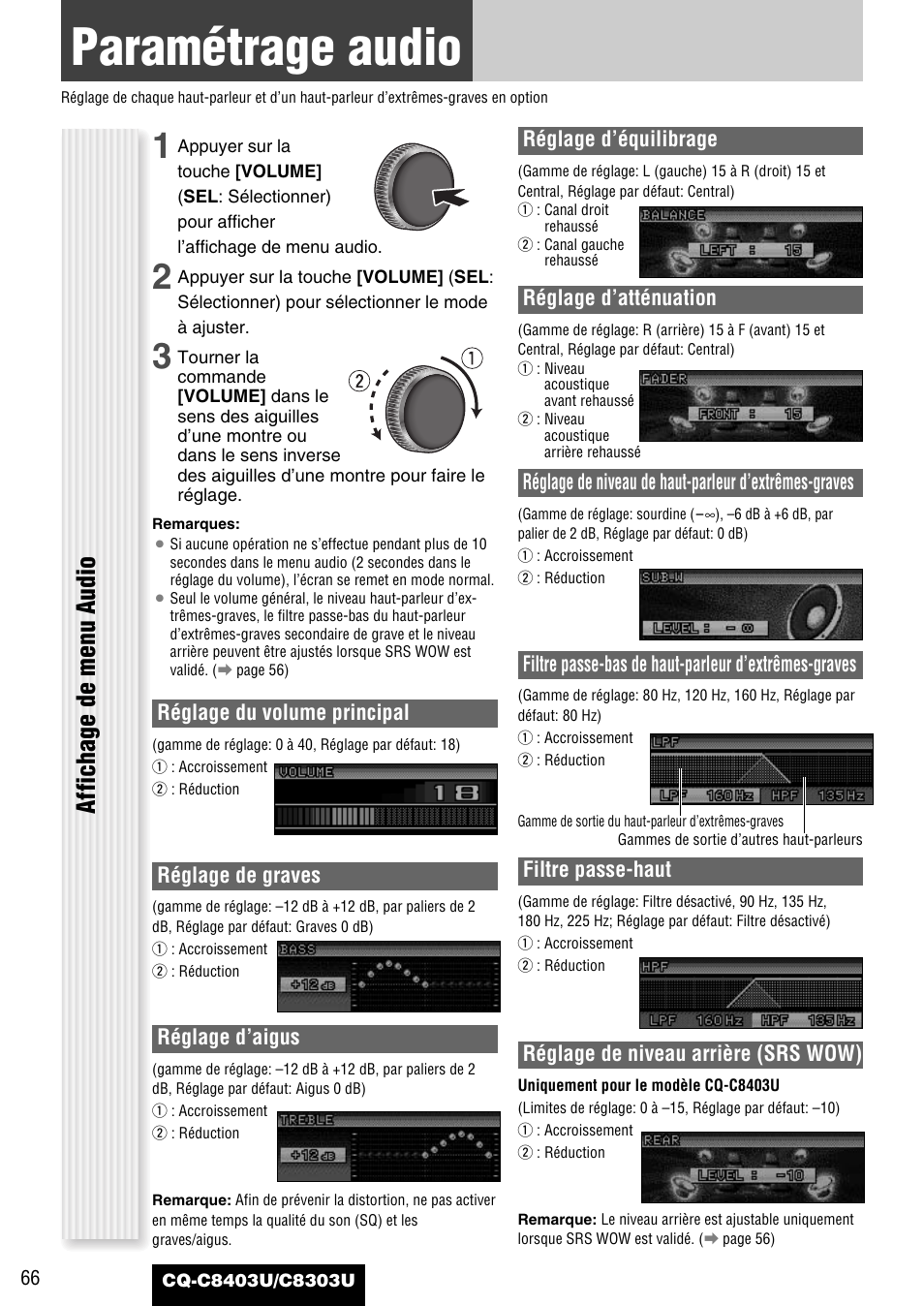 Au besoin, Parametrage audio, Paramétrage audio | Affichage de menu audio | Panasonic CQ-C8403U User Manual | Page 66 / 114