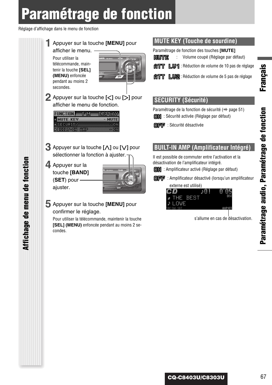 Parametrage de fonction, Paramétrage de fonction, Français | Panasonic CQ-C8403U User Manual | Page 67 / 114