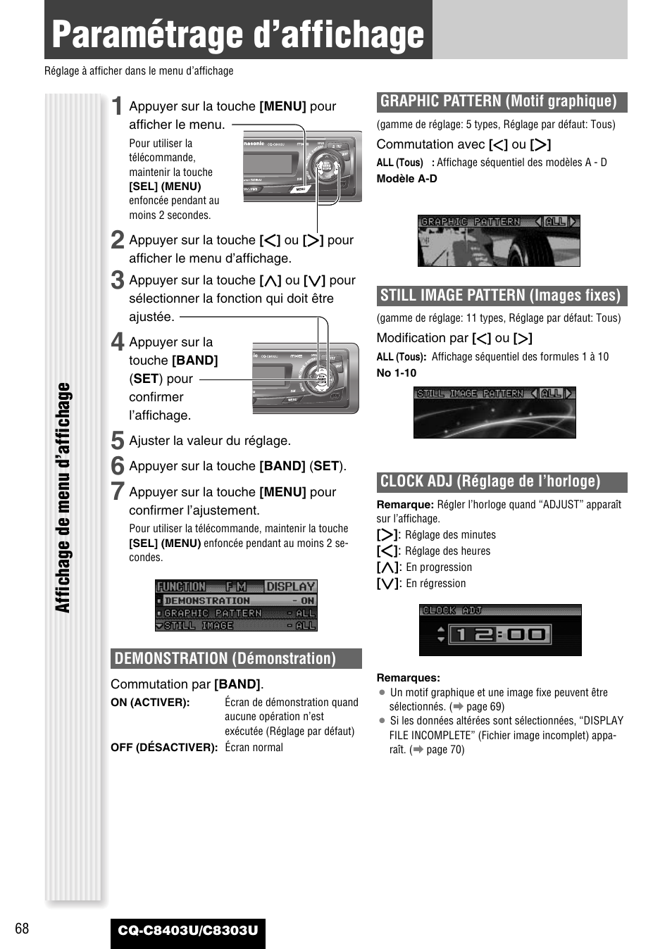 Parametrage d'affichage, Paramétrage d’affichage, Affichage de menu d’affichage | Panasonic CQ-C8403U User Manual | Page 68 / 114
