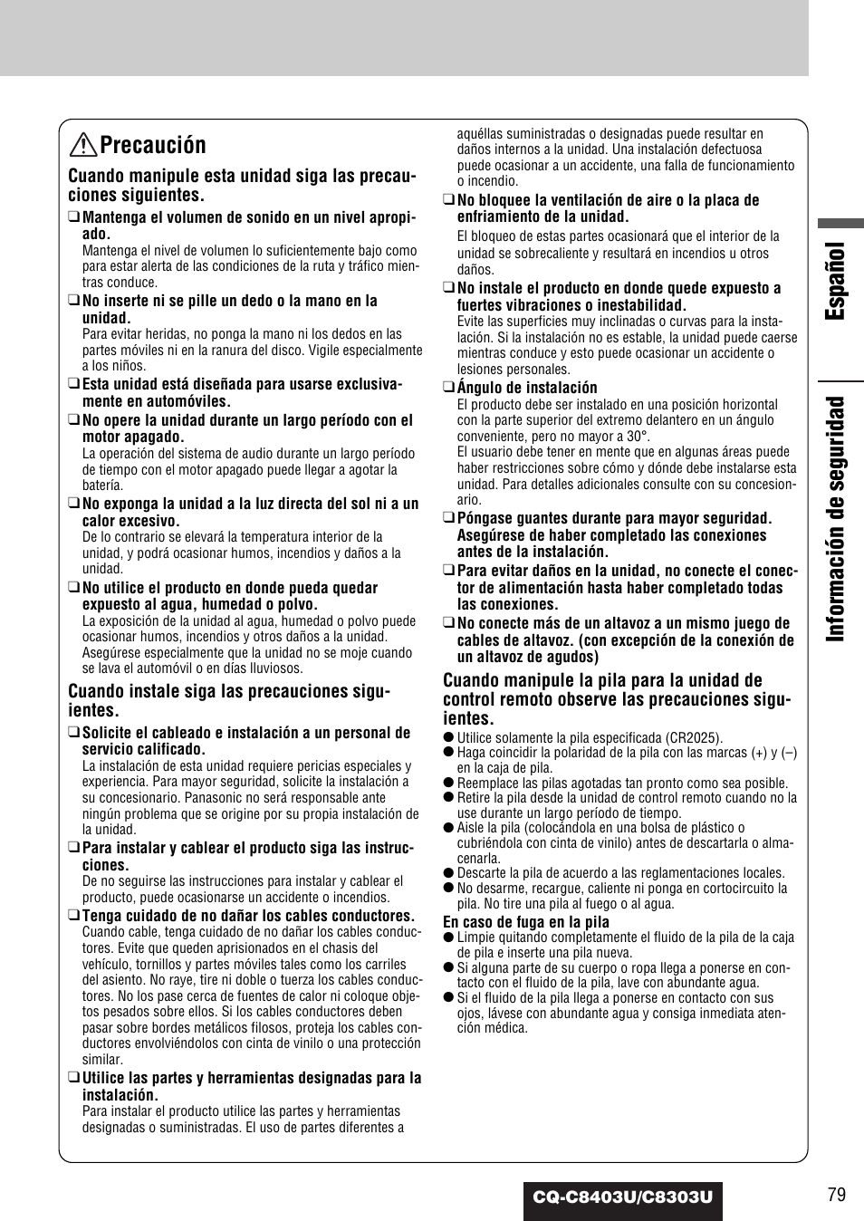Español, Información de seguridad precaución | Panasonic CQ-C8403U User Manual | Page 79 / 114