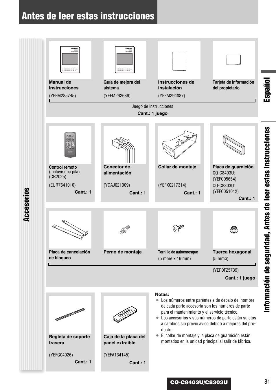 Antes de leer estas instrucciones, Español | Panasonic CQ-C8403U User Manual | Page 81 / 114