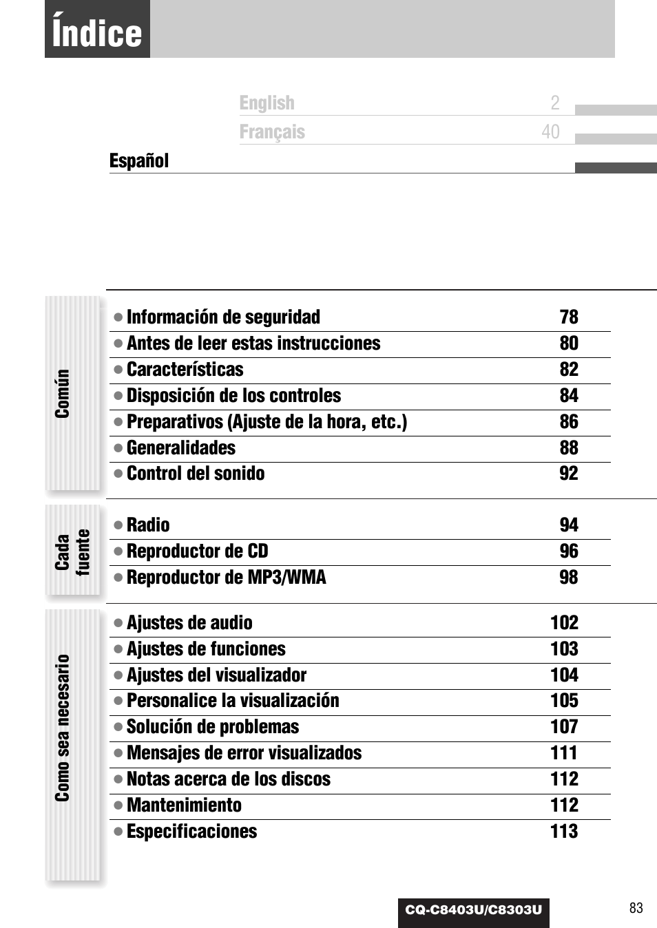 Indice, Índice | Panasonic CQ-C8403U User Manual | Page 83 / 114
