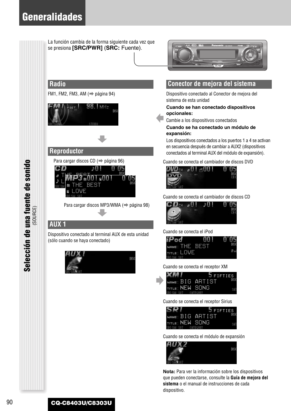 Generalidades, Selección de una fuente de sonido, Radio | Reproductor, Aux 1, Conector de mejora del sistema | Panasonic CQ-C8403U User Manual | Page 90 / 114