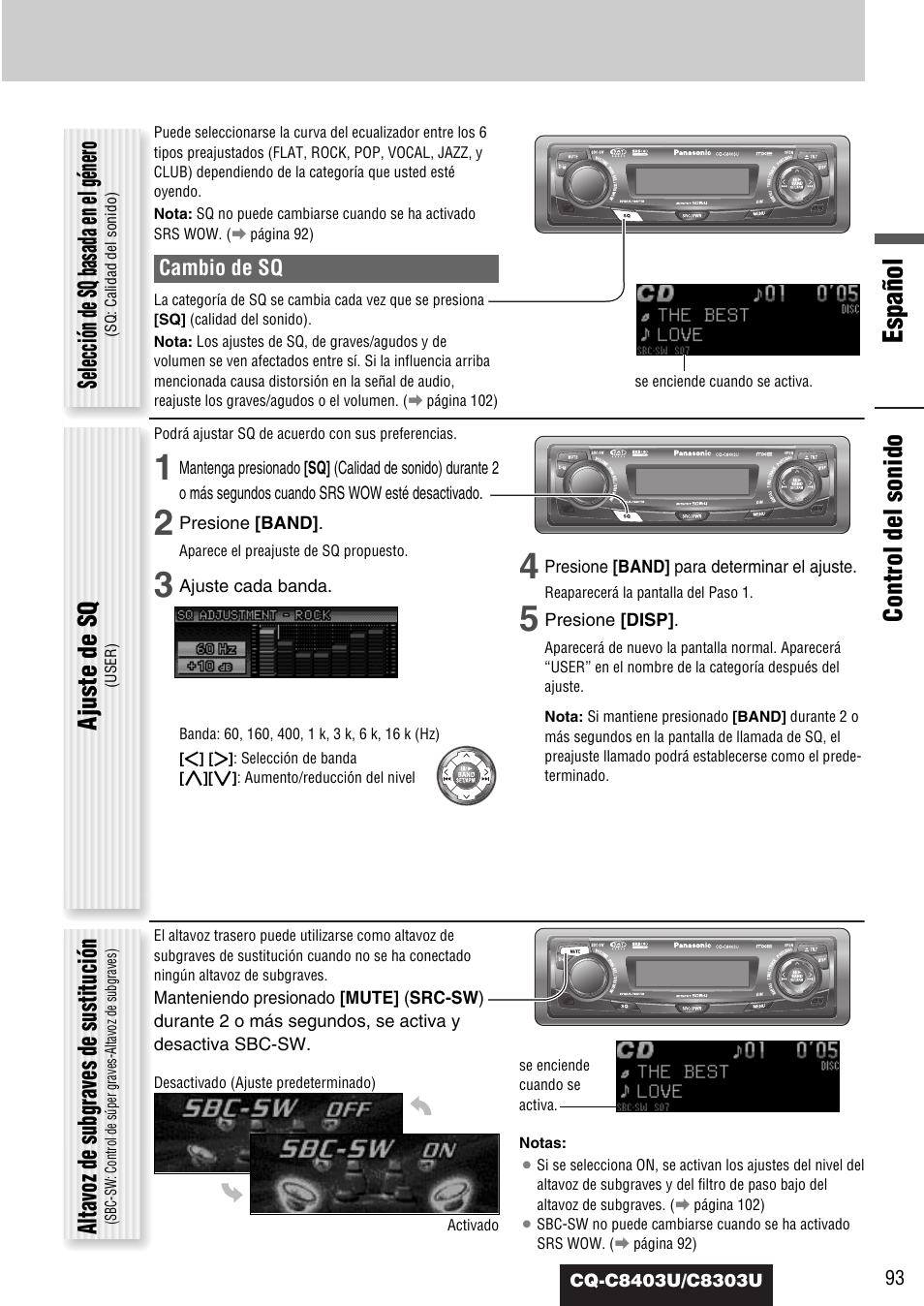 Español, Control del sonido, Selección de sq basada en el género | Ajuste de sq, Altavoz de subgraves de sustitución | Panasonic CQ-C8403U User Manual | Page 93 / 114