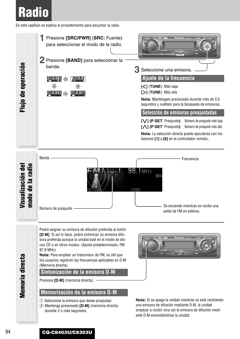 Cada fuente, Radio | Panasonic CQ-C8403U User Manual | Page 94 / 114