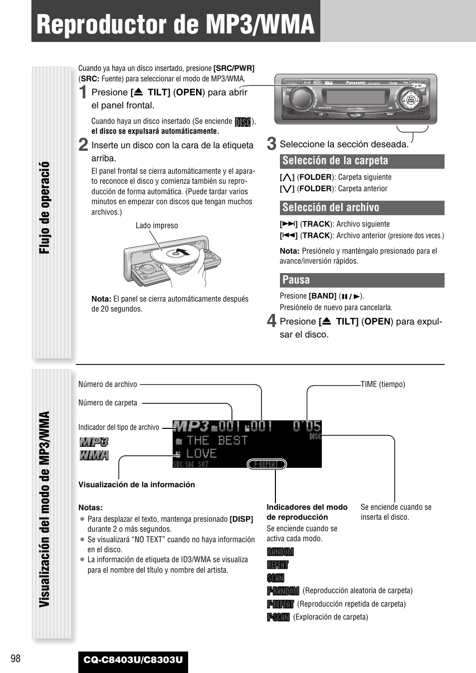 Reproductor de mp3/wma, Flujo de operació, Visualización del modo de mp3/wma | Panasonic CQ-C8403U User Manual | Page 98 / 114