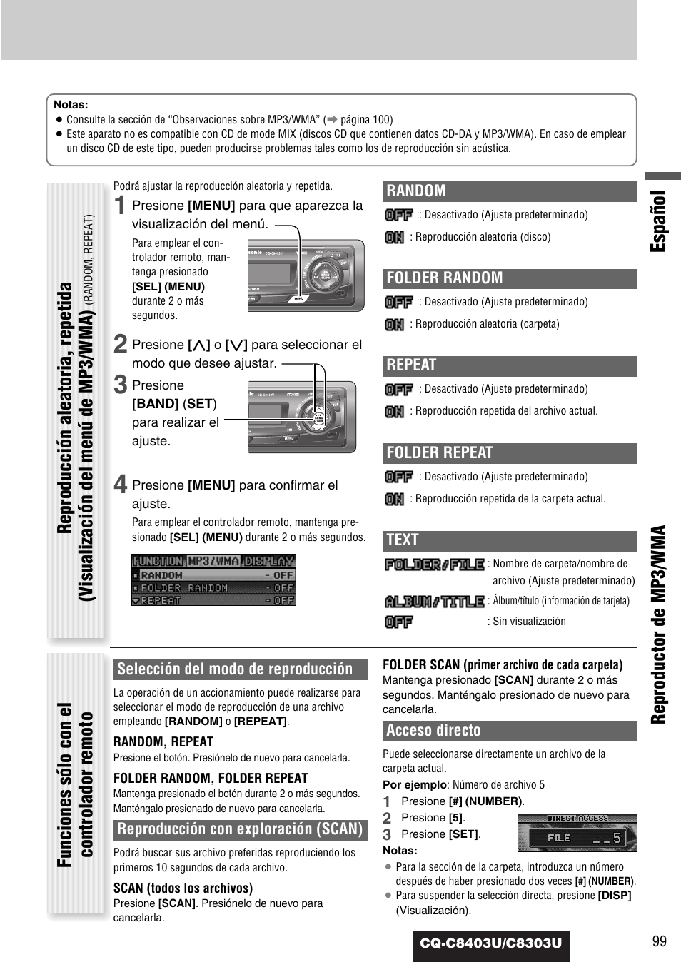 Español, Reproductor de mp3/wma, Funciones sólo con el controlador remoto | Random, Folder random, Repeat, Folder repeat, Text, Selección del modo de reproducción, Reproducción con exploración (scan) | Panasonic CQ-C8403U User Manual | Page 99 / 114