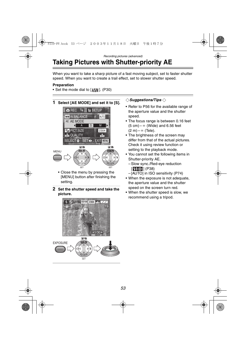 Taking pictures with shutter-priority ae | Panasonic DMC-FZ10PP User Manual | Page 53 / 144