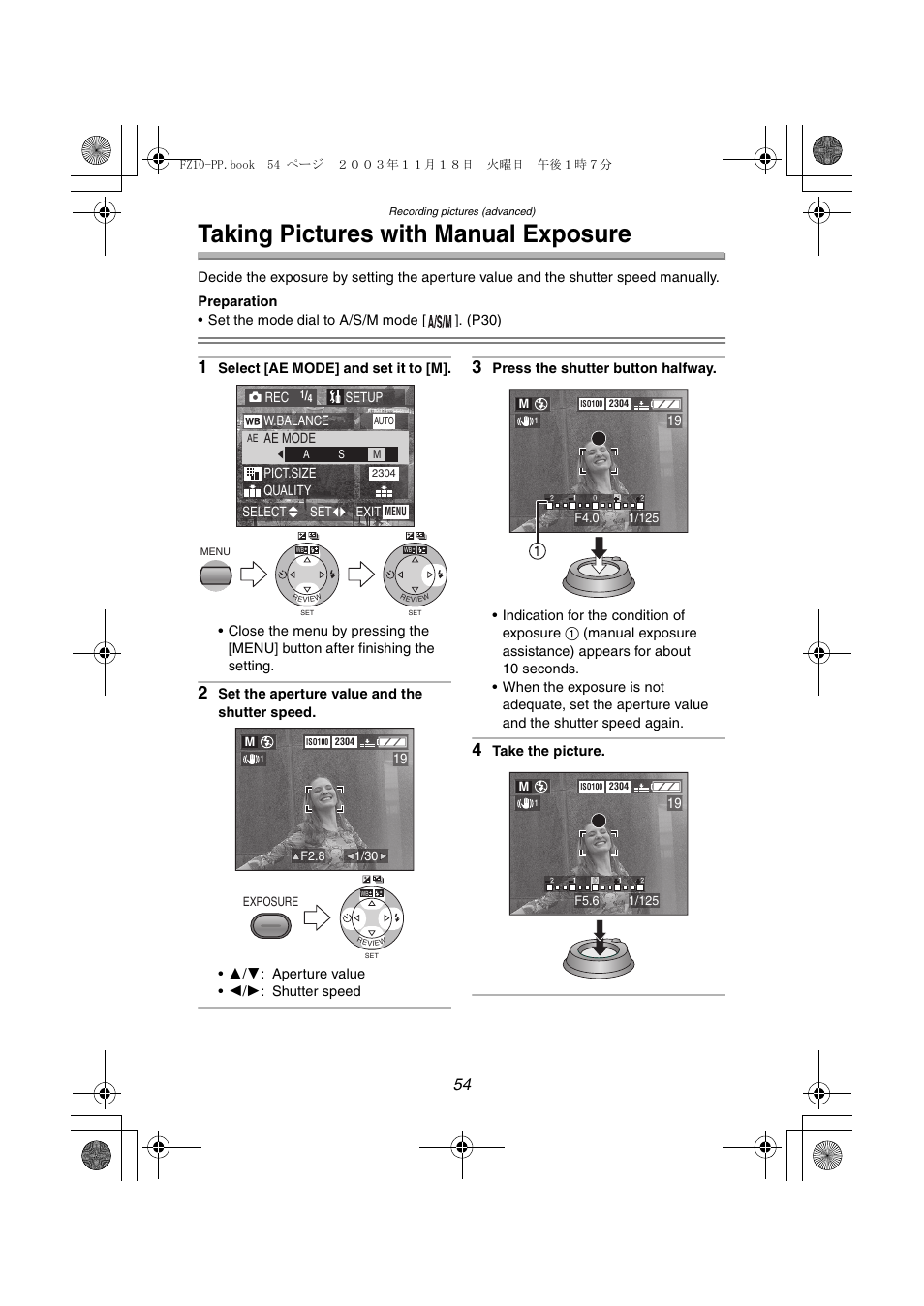 Taking pictures with manual exposure | Panasonic DMC-FZ10PP User Manual | Page 54 / 144