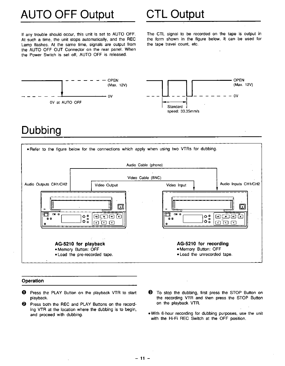 Dubbing, Ag-5210 for playback, Ag-5210 for recording | Operation, Auto off output ctl output | Panasonic AG-5210 User Manual | Page 11 / 16