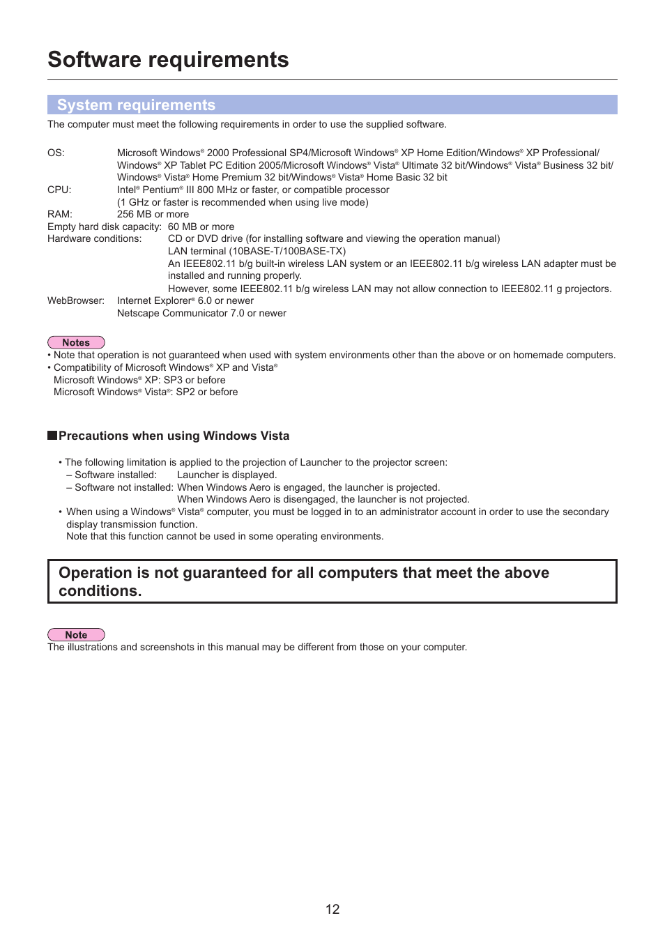 Software requirements, System requirements, Software requirements ……………………………… 12 | System requirements …………………………………………… 12, Precautions when using windows vista | Panasonic TH-LB30NT User Manual | Page 12 / 79