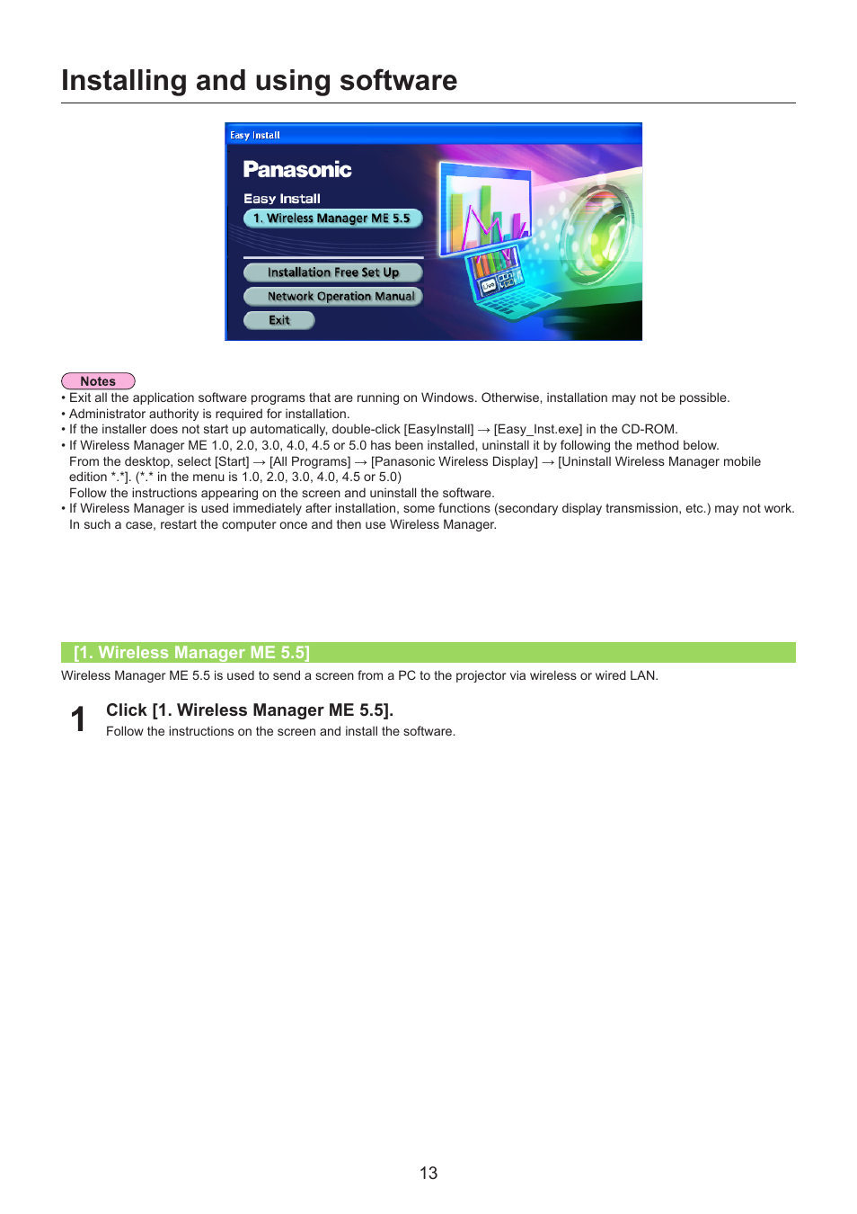 Installing and using software, Wireless manager me 5.5, Installing and using software ……………………… 13 | Wireless manager me 5.5] ………………………………… 13 | Panasonic TH-LB30NT User Manual | Page 13 / 79