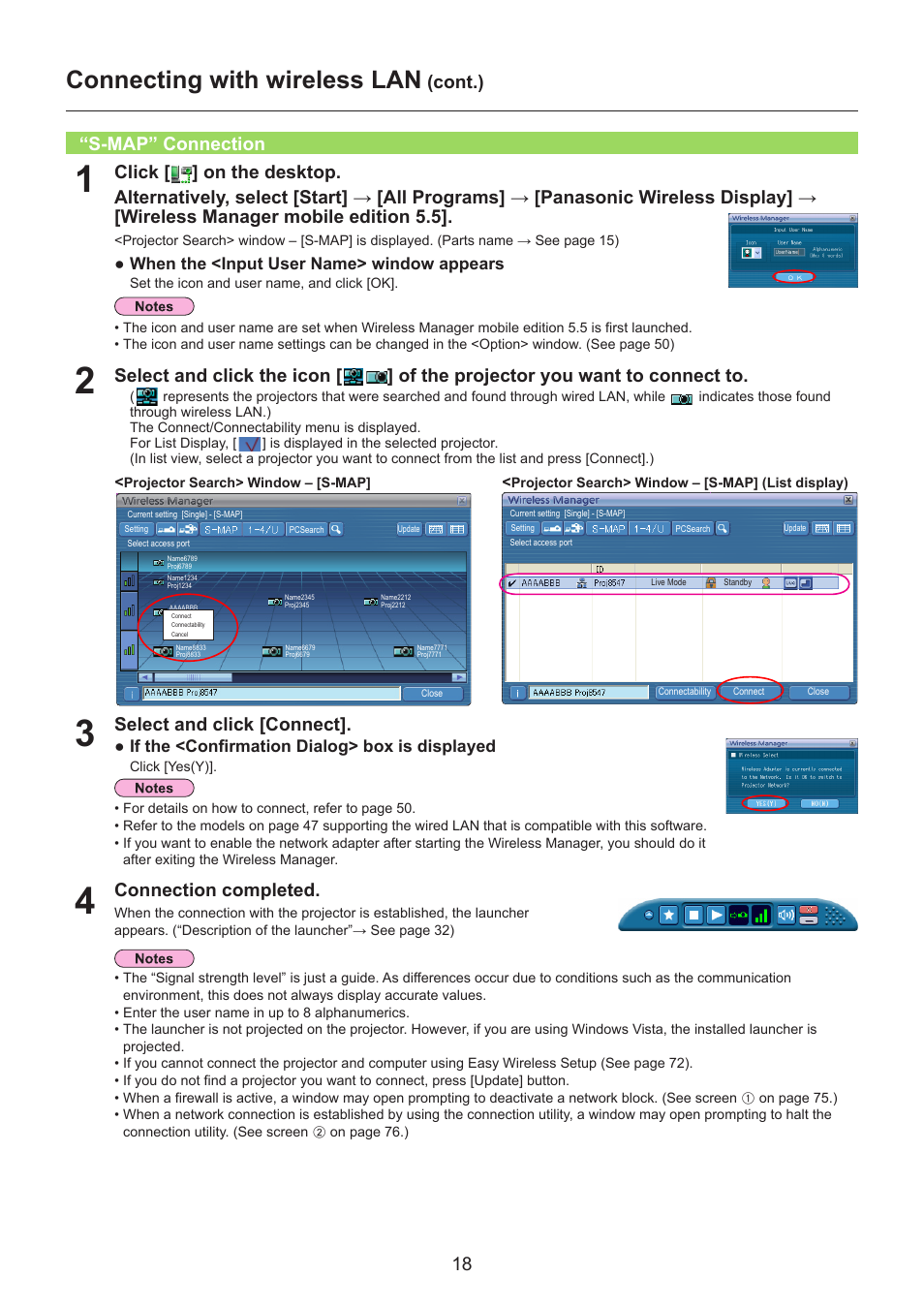 S-map” connection, S-map” connection …………………………………………… 18, Connecting with wireless lan | Select and click [connect, Connection completed, Cont.) | Panasonic TH-LB30NT User Manual | Page 18 / 79