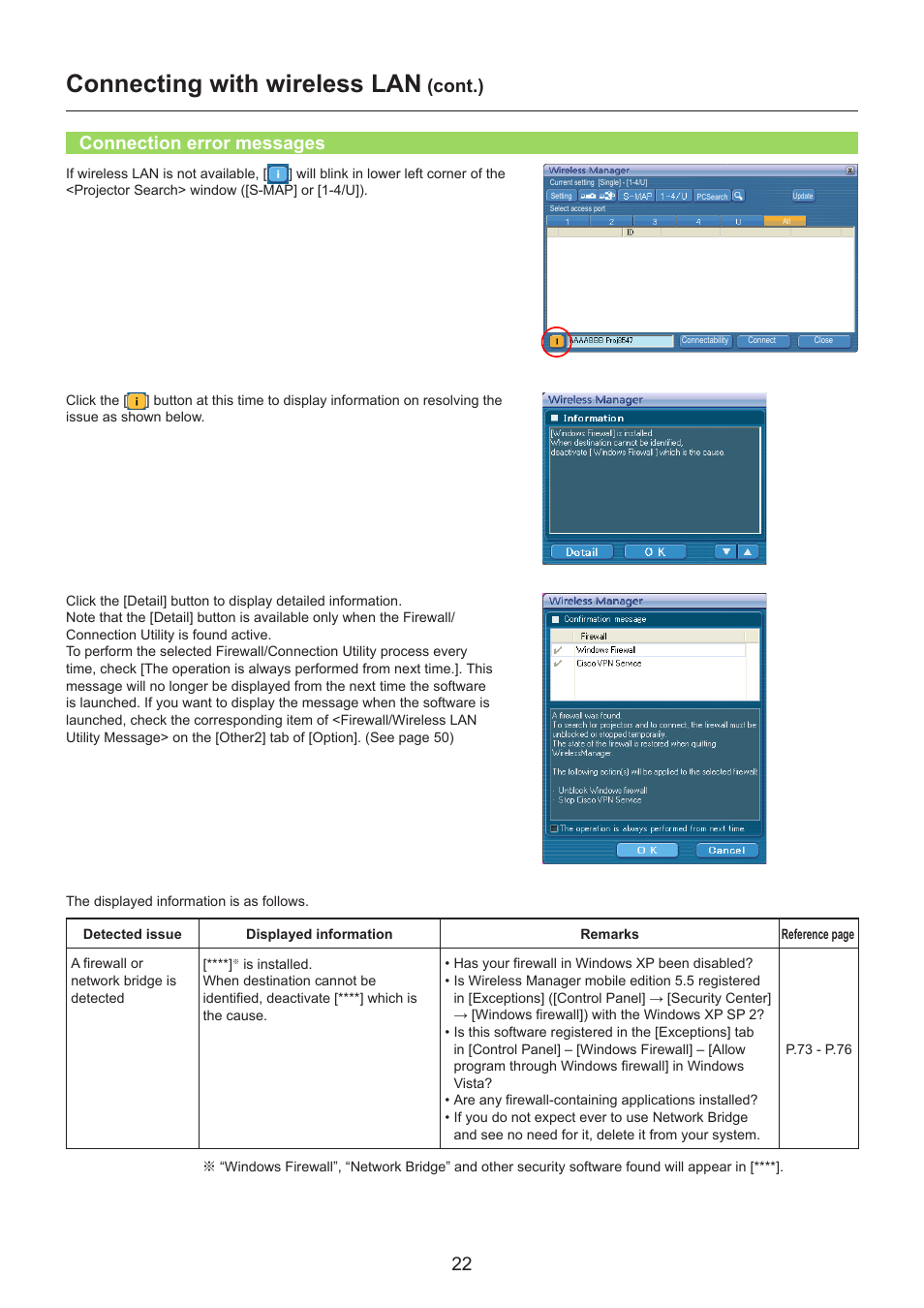 Connection error messages, Connection error messages …………………………………… 22, Connecting with wireless lan | Cont.) connection error messages | Panasonic TH-LB30NT User Manual | Page 22 / 79