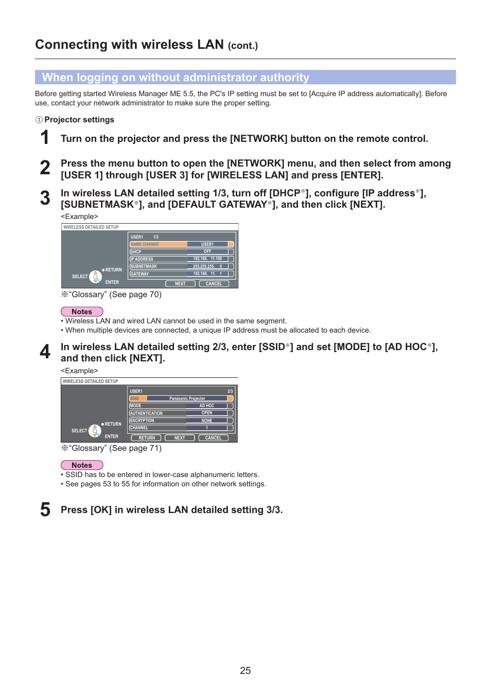 When logging on without administrator authority, Connecting with wireless lan, Configure [ip address | Subnetmask, And [default gateway, And then click [next, Cont.), And set [mode] to [ad hoc, Press [ok] in wireless lan detailed setting 3/3 | Panasonic TH-LB30NT User Manual | Page 25 / 79