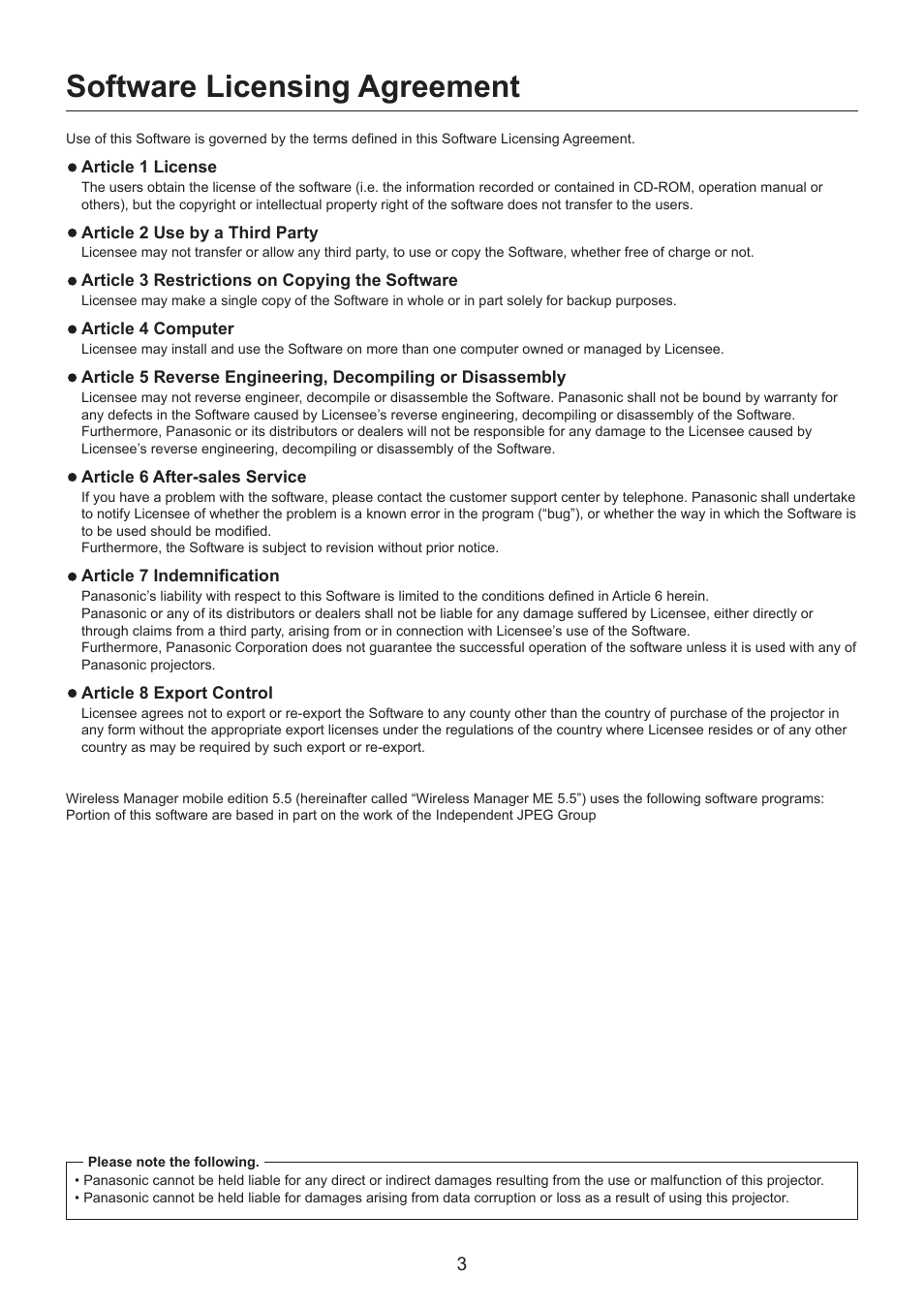 Software licensing agreement, Software licensing agreement …………………… 3 | Panasonic TH-LB30NT User Manual | Page 3 / 79