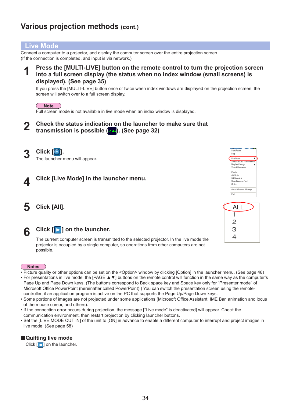 Live mode, Live mode …………………………………………………………… 34, Various projection methods | Panasonic TH-LB30NT User Manual | Page 34 / 79