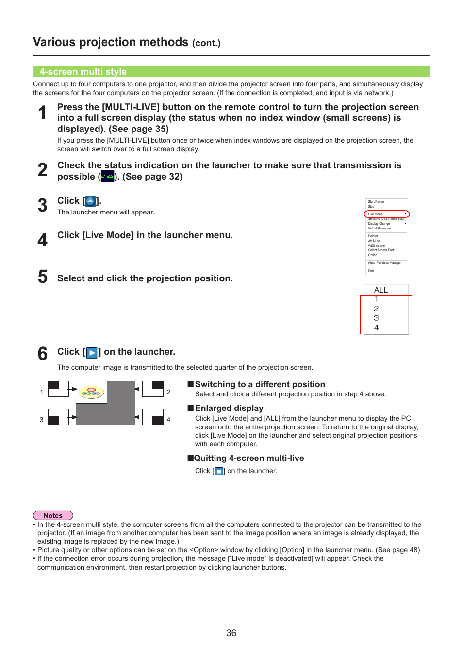 Screen multi style, Screen multi style ……………………………………………… 36, Various projection methods | Panasonic TH-LB30NT User Manual | Page 36 / 79