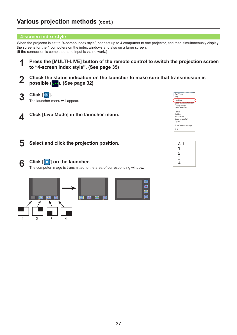 Screen index style, Screen index style ……………………………………………… 37, Various projection methods | Panasonic TH-LB30NT User Manual | Page 37 / 79