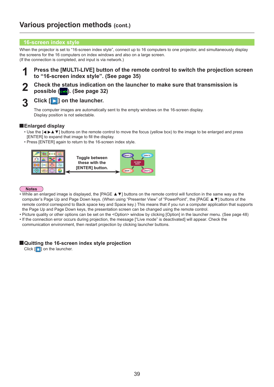 Screen index style, Screen index style …………………………………………… 39, Various projection methods | Panasonic TH-LB30NT User Manual | Page 39 / 79