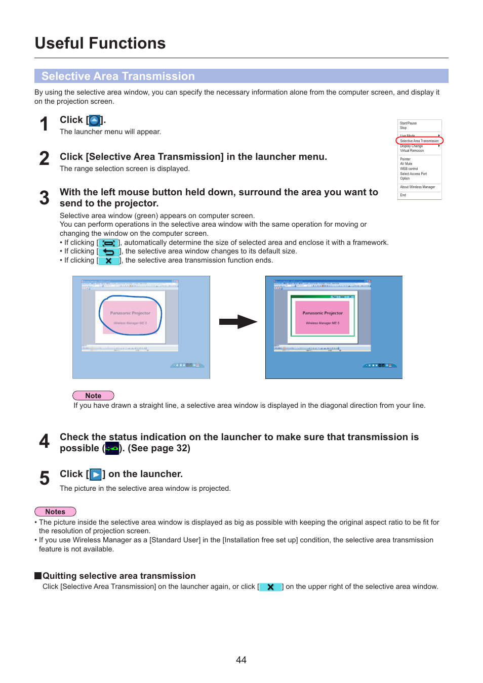 Useful functions, Selective area transmission, Useful functions …………………………………… 44 | Selective area transmission …………………………………… 44 | Panasonic TH-LB30NT User Manual | Page 44 / 79