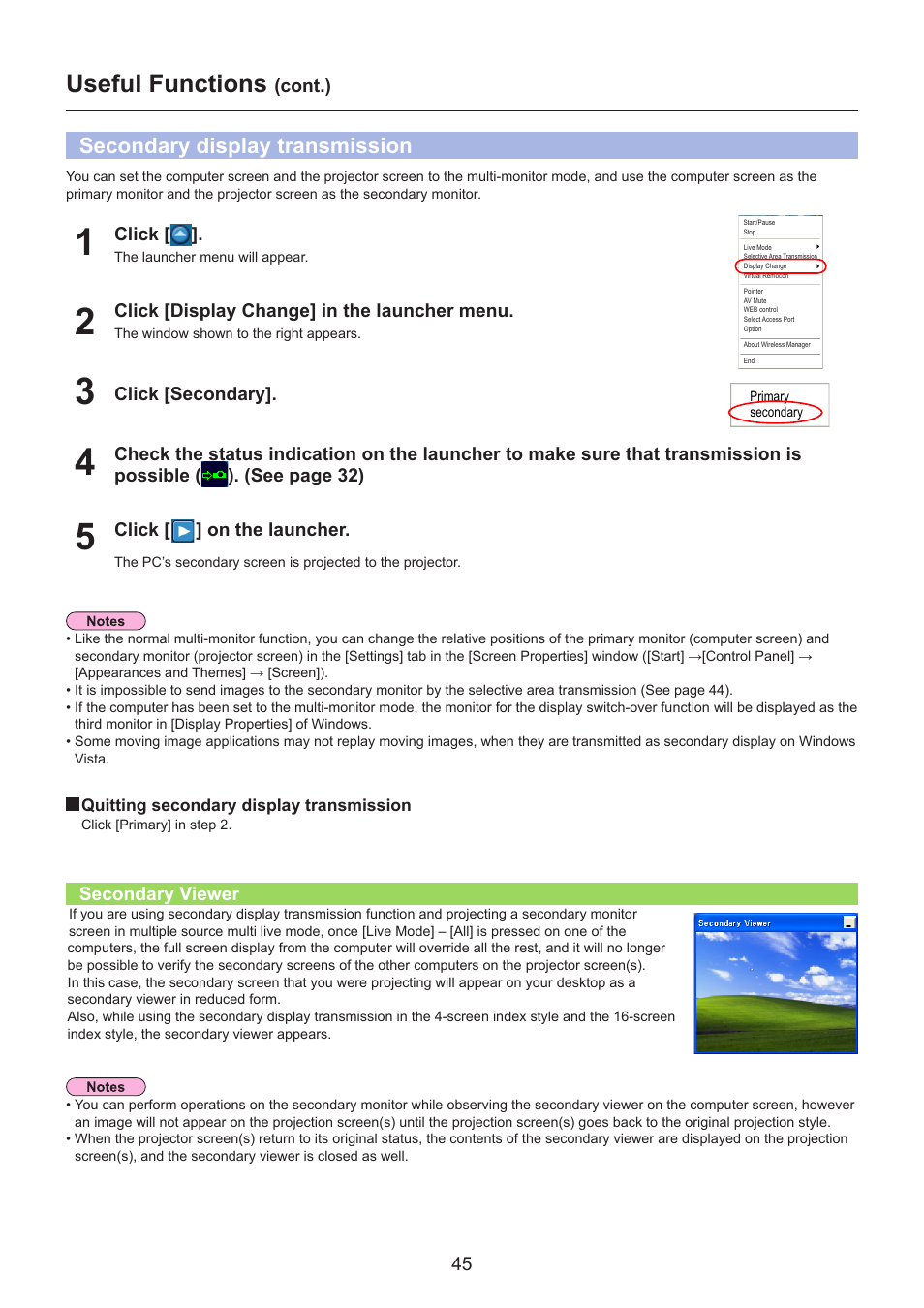Secondary display transmission, Secondary viewer, Secondary display transmission ……………………………… 45 | Secondary viewer ……………………………………………… 45, Useful functions | Panasonic TH-LB30NT User Manual | Page 45 / 79