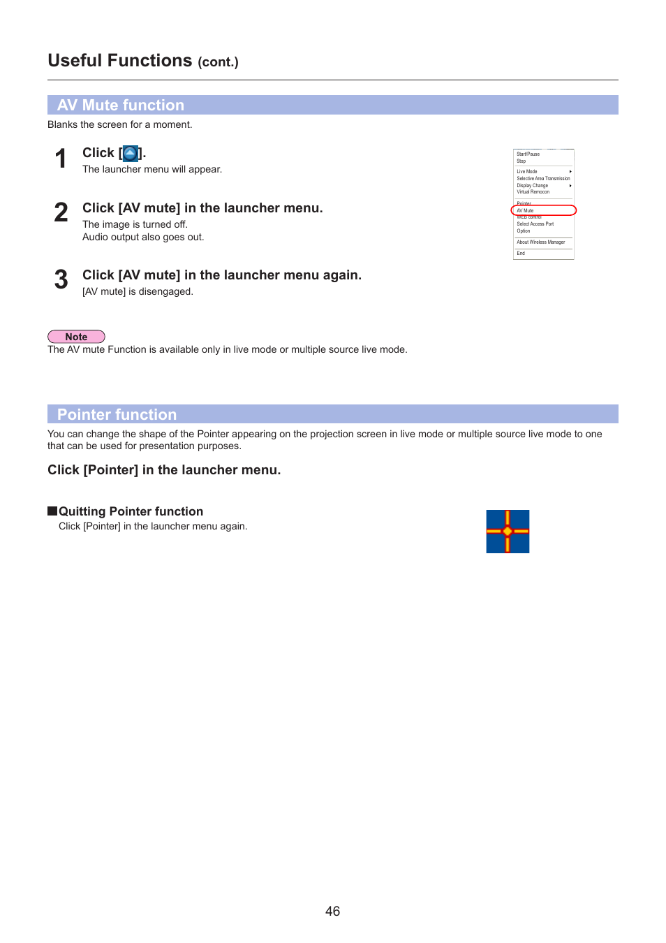 Av mute function, Pointer function, Av mute function ………………………………………………… 46 | Pointer function …………………………………………………… 46, Useful functions, Cont.), Click [av mute] in the launcher menu, Click [av mute] in the launcher menu again, Click [pointer] in the launcher menu, Click | Panasonic TH-LB30NT User Manual | Page 46 / 79